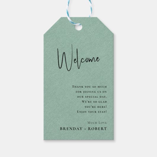 Groene linnen Simple Script Welkomst Huwelijks Cad Cadeaulabel (Voorkant)