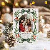 Groene lint kerstkaart met fotogrid op achterkant