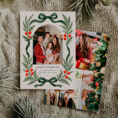 Groene lint kerstkaart met fotogrid op achterkant