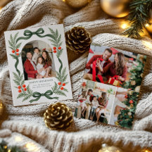 Groene lint kerstkaart met fotogrid op achterkant