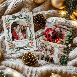 Groene lint kerstkaart met fotogrid op achterkant