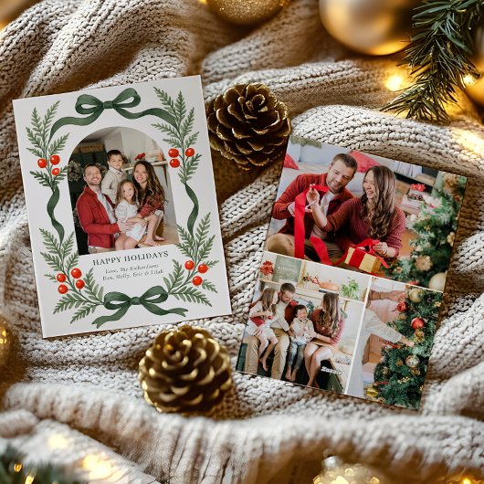 Groene lint kerstkaart met fotogrid op achterkant