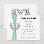 Groene lint zilveren zwanen save the date kaart (Voorkant / Achterkant)