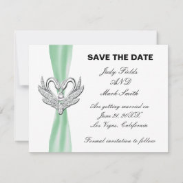 Groene lint Zilveren zwanen Save The Date kaart