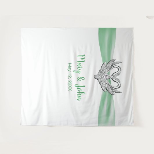 Groene Lint Zilveren Zwanen Trouwachtergrond Wandkleed (Voorkant (horizontaal))