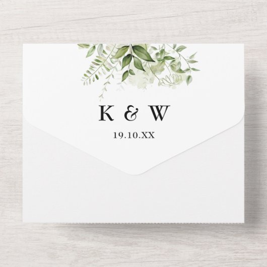 Groene Loof Bloem Initialen Bruiloft All In One Uitnodiging (Achterkant)