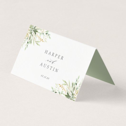 Groene loof botanische bruiloft plaats kaart (Achterkant)