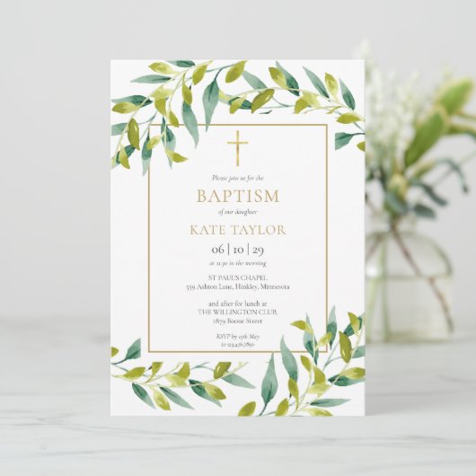 Groene Loof Doop Uitnodiging (Staand voorkant)