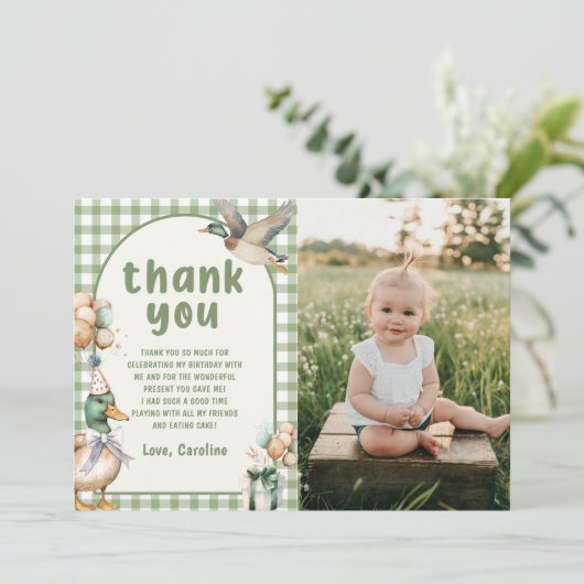 Groene Lucky Duck Ballon Verjaardag Dankjewel Kaar Kaart (Staand voorkant)