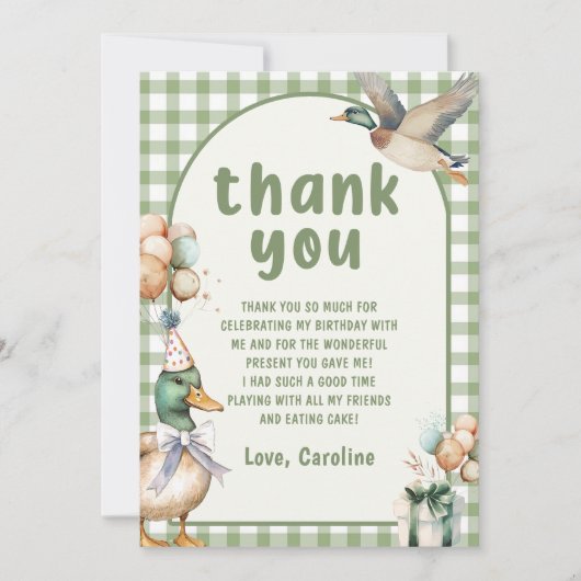 Groene Lucky Duck Ballon Verjaardag Dankjewel Kaar Kaart (Voorkant)