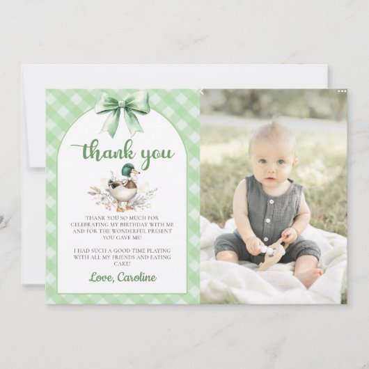 Groene Lucky Duck Boy Verjaardagsfoto Dank u kaart (Voorkant)