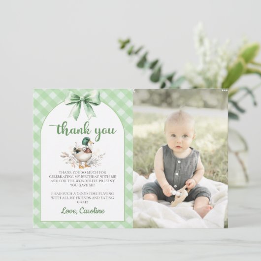 Groene Lucky Duck Boy Verjaardagsfoto Dank u kaart (Staand voorkant)