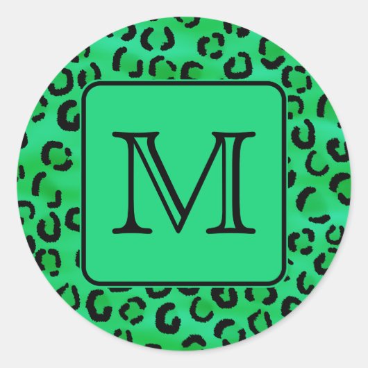 Groene luipaard print met aangepaste monogram. ronde sticker (Voorkant)