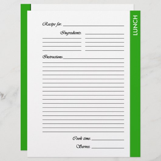Groene LUNCH tweezijdige Recipe Pages (Voorkant / Achterkant)