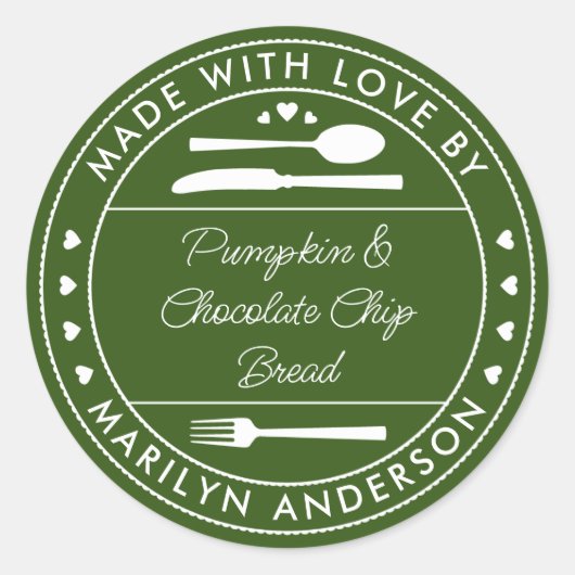 Groene 'Made With Love' Voedsel Cadeau Ronde Sticker (Voorkant)