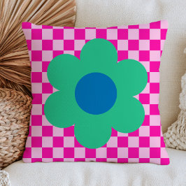 Groene Madelief op Roze Geruite Retro Patronen Kussen