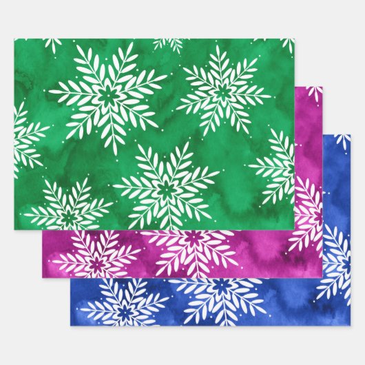 Groene Magenta Blauw Abstracte Waterverf Sneeuwvlo Inpakpapier Vel (Set)