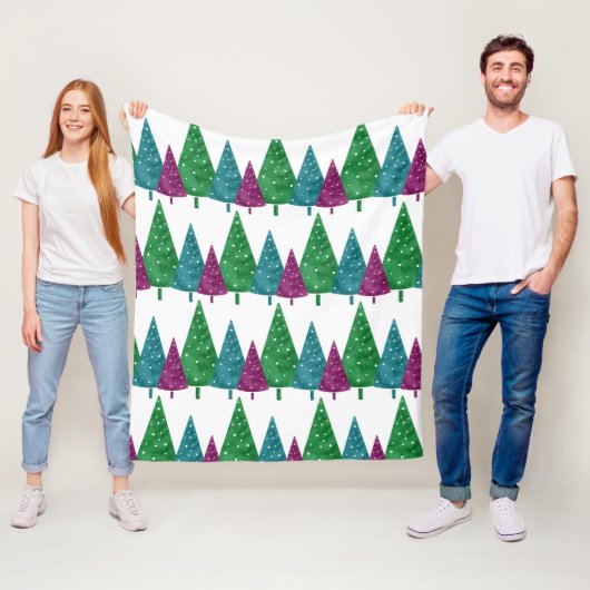 Groene Magenta Blauwgroen Waterverf Trees Patroon Fleece Deken (In situ)