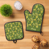 Groene Magnolia Bloemen gepersonaliseerd Ovenwant & Pannenlap Set (Top down)