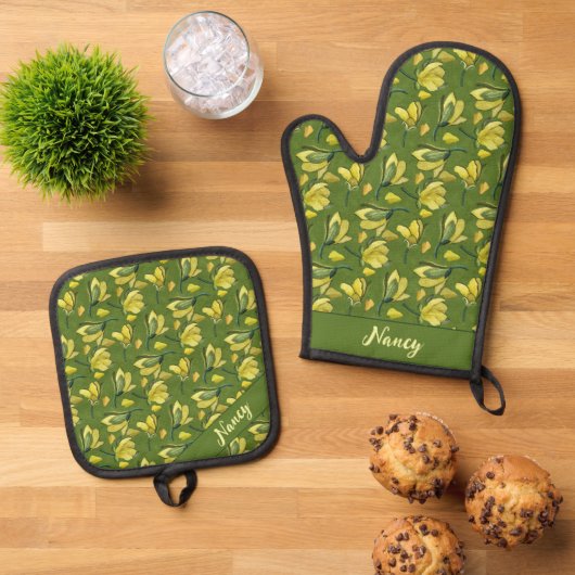 Groene Magnolia Bloemen gepersonaliseerd Ovenwant & Pannenlap Set (Top down)