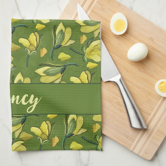 Groene Magnolia Bloemen gepersonaliseerd Theedoek (Quarter Fold)