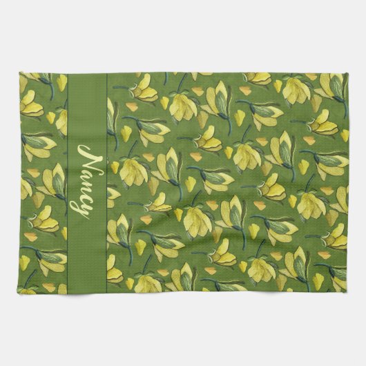 Groene Magnolia Bloemen gepersonaliseerd Theedoek (Horizontaal)