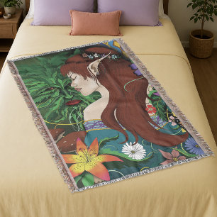 Groene Man Elf Fantasie Bloem Illustratie Deken