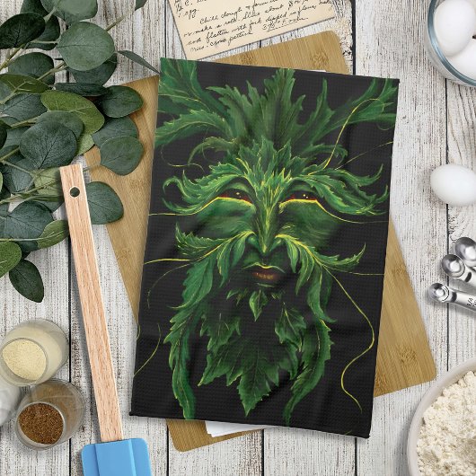 Groene Man Fae Bladeren Zwart Theedoek