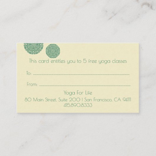 Groene Mandala Yoga Cadeaubon Visitekaartje (Achterkant)