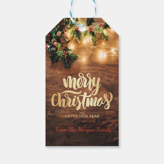 Groene maretak,Slingerlichtjes,Hout Kerstmis Cadeaulabel (Voorkant)
