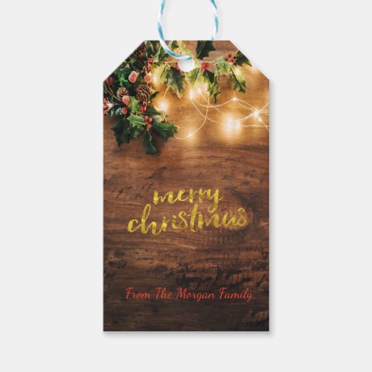 Groene maretak,Slingerlichtjes,Houten Kerst Cadeaulabel (Voorkant)