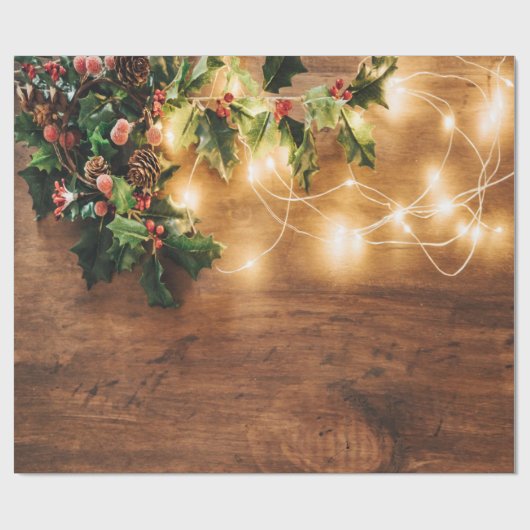 Groene maretak,Slingerlichtjes,Houten Kerst Cadeaupapier (Vlak)