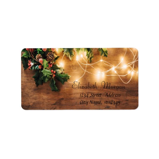 Groene maretak,Slingerlichtjes,Houten Kerst Etiket (Voorkant)