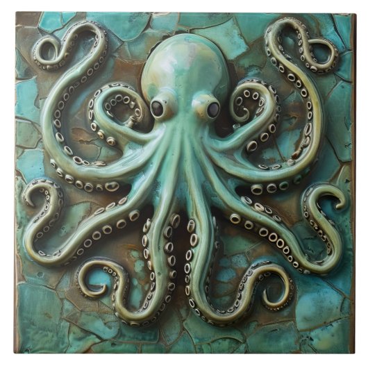 Groene Marine Octopus 3D Effect Aquatisch Tegeltje (Voorkant)