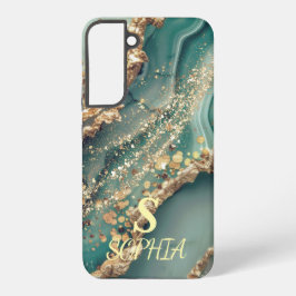 Groene marmer chique gouden glitters monogram samsung galaxy hoesje