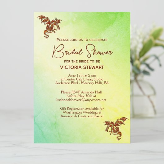 Groene marmer Dragon Bridal Shower Uitnodiging (Staand voorkant)