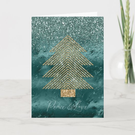 Groene Marmer Gouden Glitter Kerstboom Vrede Kaart (Voorkant)