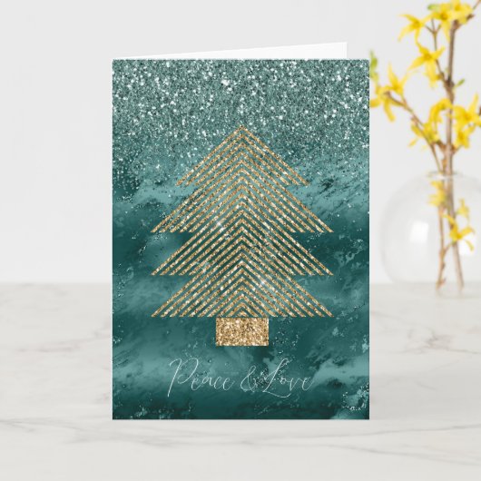 Groene Marmer Gouden Glitter Kerstboom Vrede Kaart (Gele Bloem)