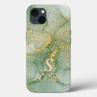 Groene marmeren chique gouden glitter monogram Case-Mate iPhone case