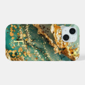 Groene marmeren chique gouden glitter monogram iPhone 15 case (Achterkant horizontaal)