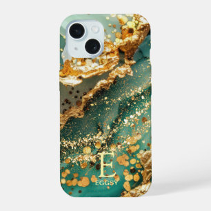Groene marmeren chique gouden glitter monogram iPhone 15 case