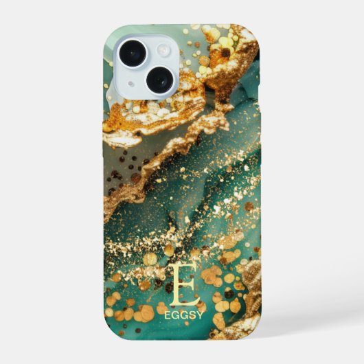Groene marmeren chique gouden glitter monogram iPhone 15 case (Achterkant)
