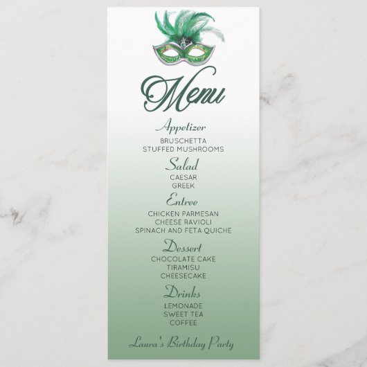 Groene Masquerade Birthday Party Flat Menu (Voorkant)