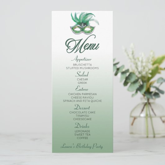 Groene Masquerade Birthday Party Flat Menu (Staand voorkant)