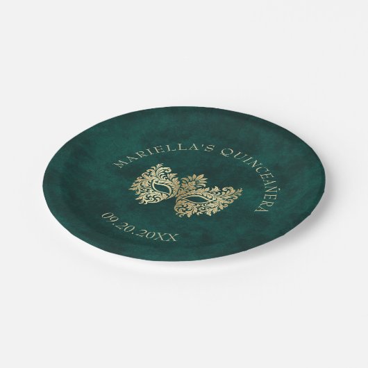 Groene Masquerade Masker Elegante Quinceanera Papieren Bordje (Gekanteld)