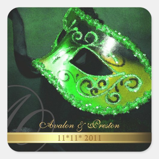 Groene Masquerade Swirl Save The Date Sticker (Voorkant)