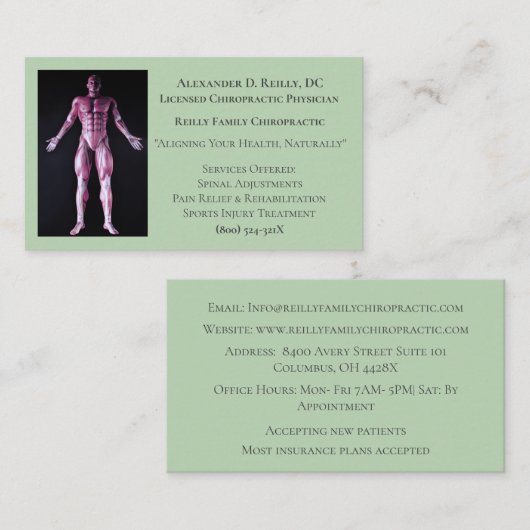 Groene Massage Therapie Chiropractie Dokter Visitekaartje (Voorkant / Achterkant)