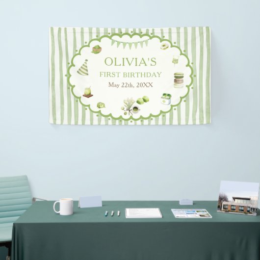 Groene Matcha Strepen Verjaardag Spandoek (Beurs)