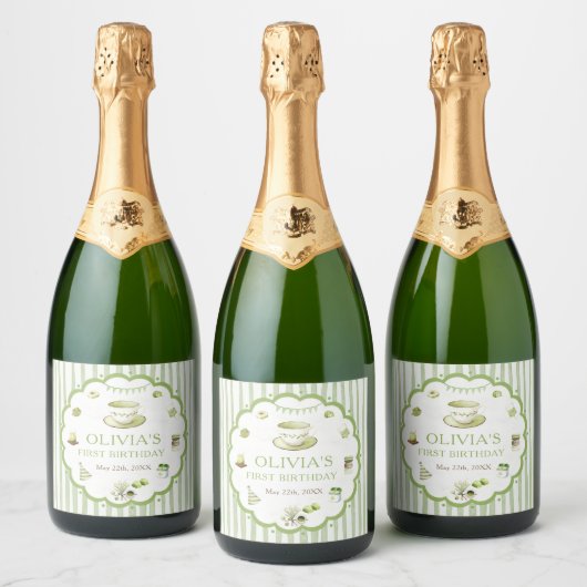 Groene Matcha Strepen Verjaardag Sparkling Wijnetiket (Flessen)
