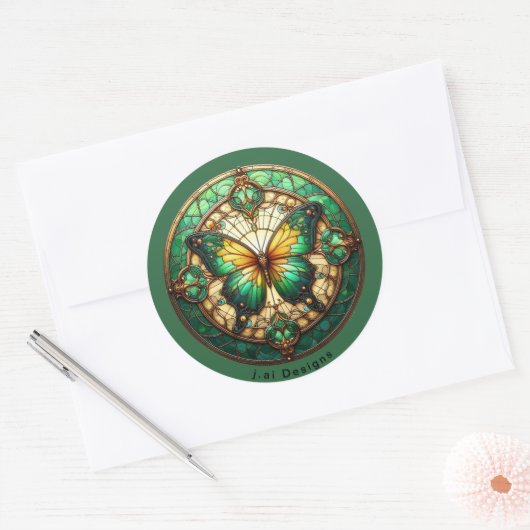 Groene medaillon vlinder ronde sticker (Envelop)